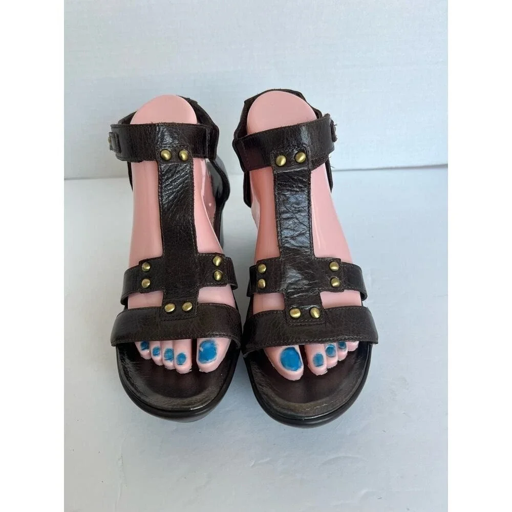 NAOT FLIRT Ankle T-strap Platform Wedge Heels Sandals Brown Leather Sz‎ 10 - 41